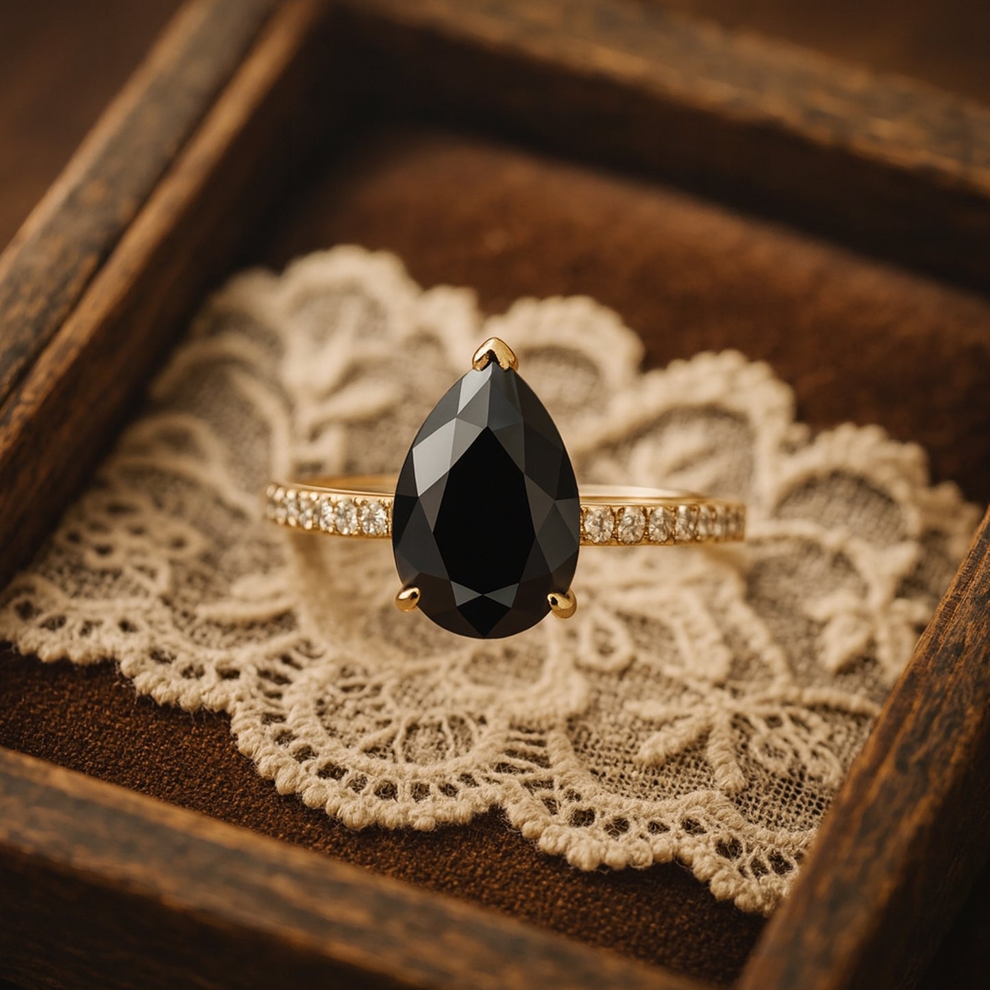 Natural Black Diamond Pear Wedding Ring with Diamond Accents Gold Ring