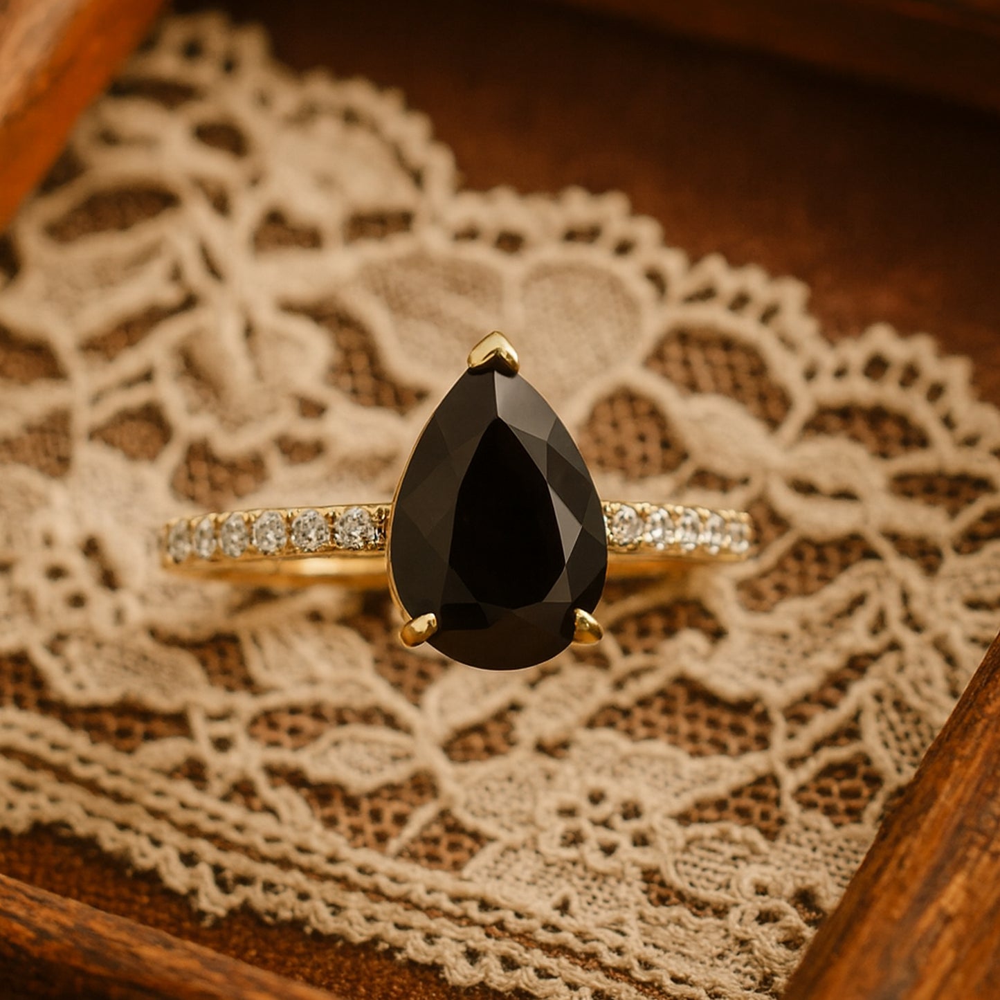 Natural Black Diamond Pear Wedding Ring with Diamond Accents Gold Ring