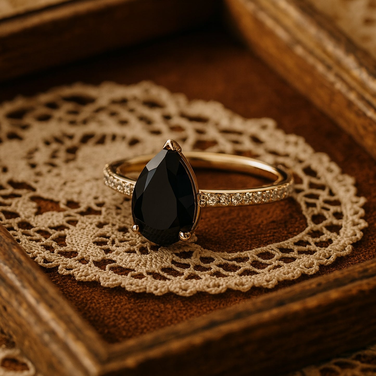 Natural Black Diamond Pear Wedding Ring with Diamond Accents Gold Ring