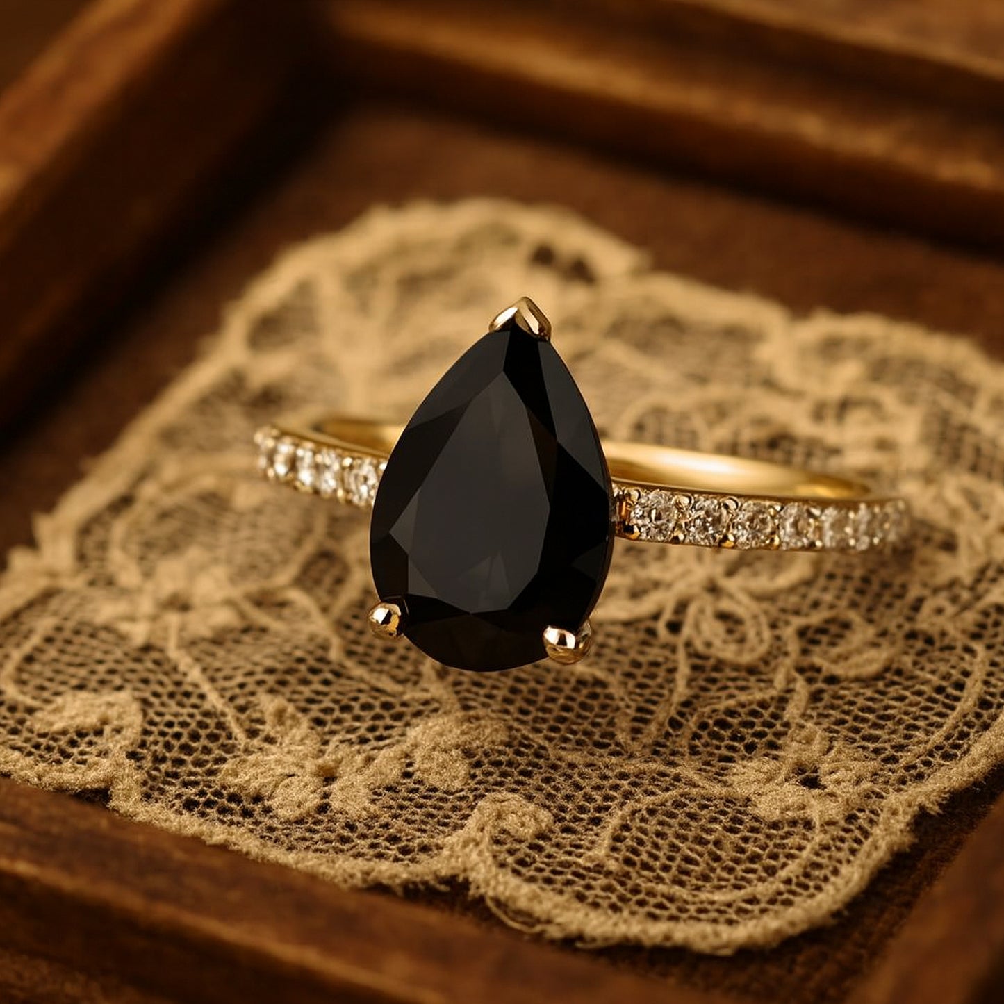 Natural Black Diamond Pear Wedding Ring with Diamond Accents Gold Ring