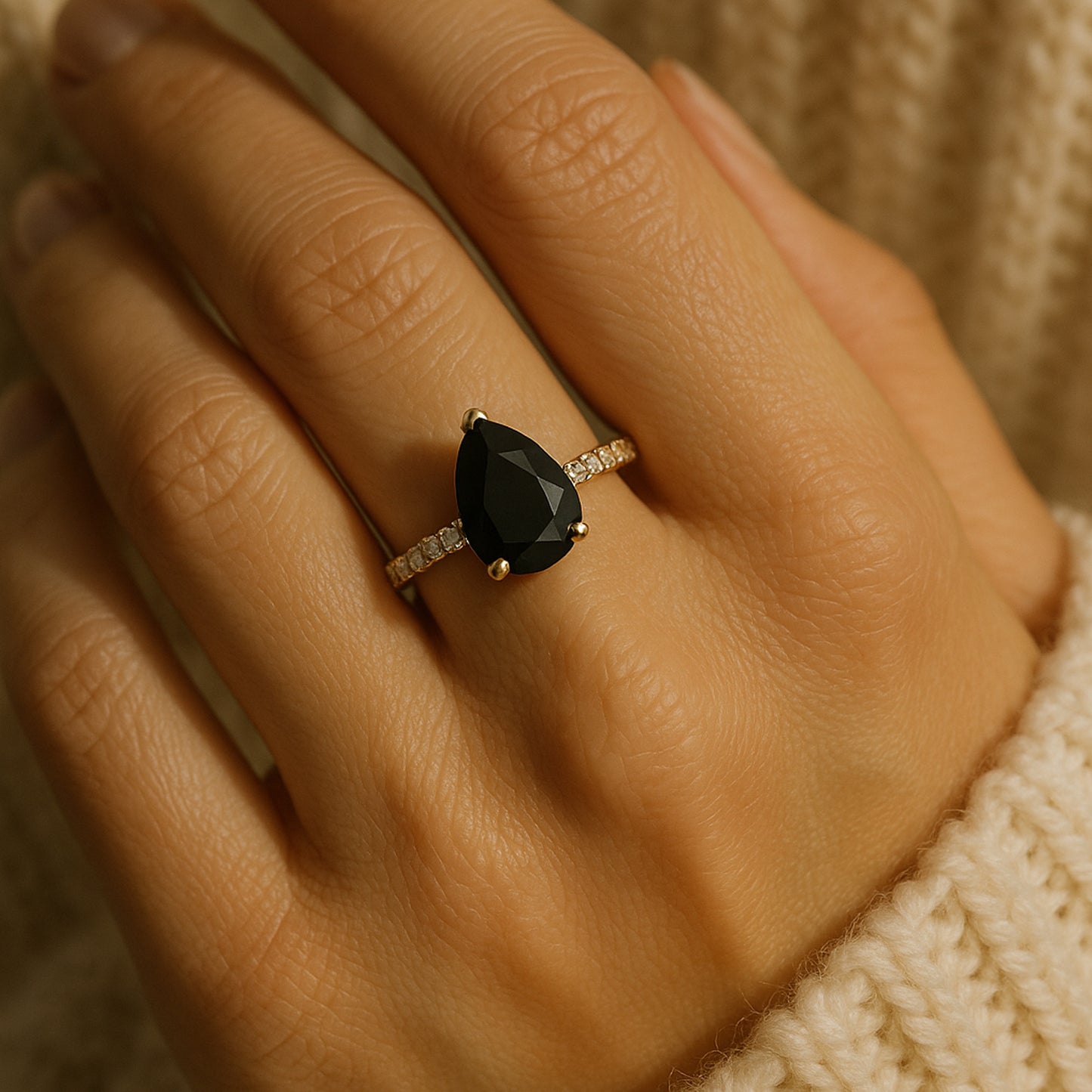 Natural Black Diamond Pear Wedding Ring with Diamond Accents Gold Ring