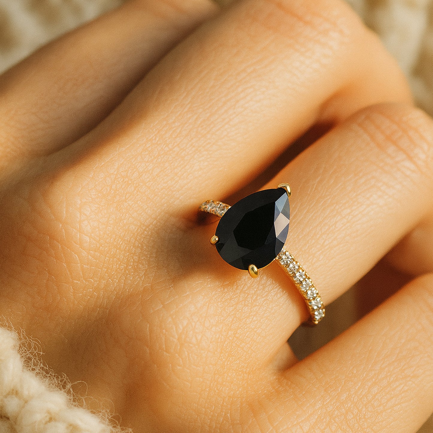 Natural Black Diamond Pear Wedding Ring with Diamond Accents Gold Ring