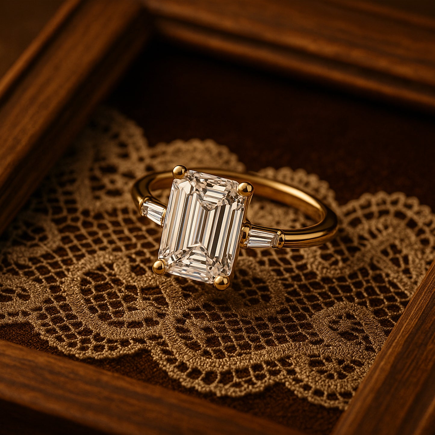 Lab-Grown Emerald Cut Diamond Ring With Baguette Side Stones - Ethical Luxury Worldwide Shipping