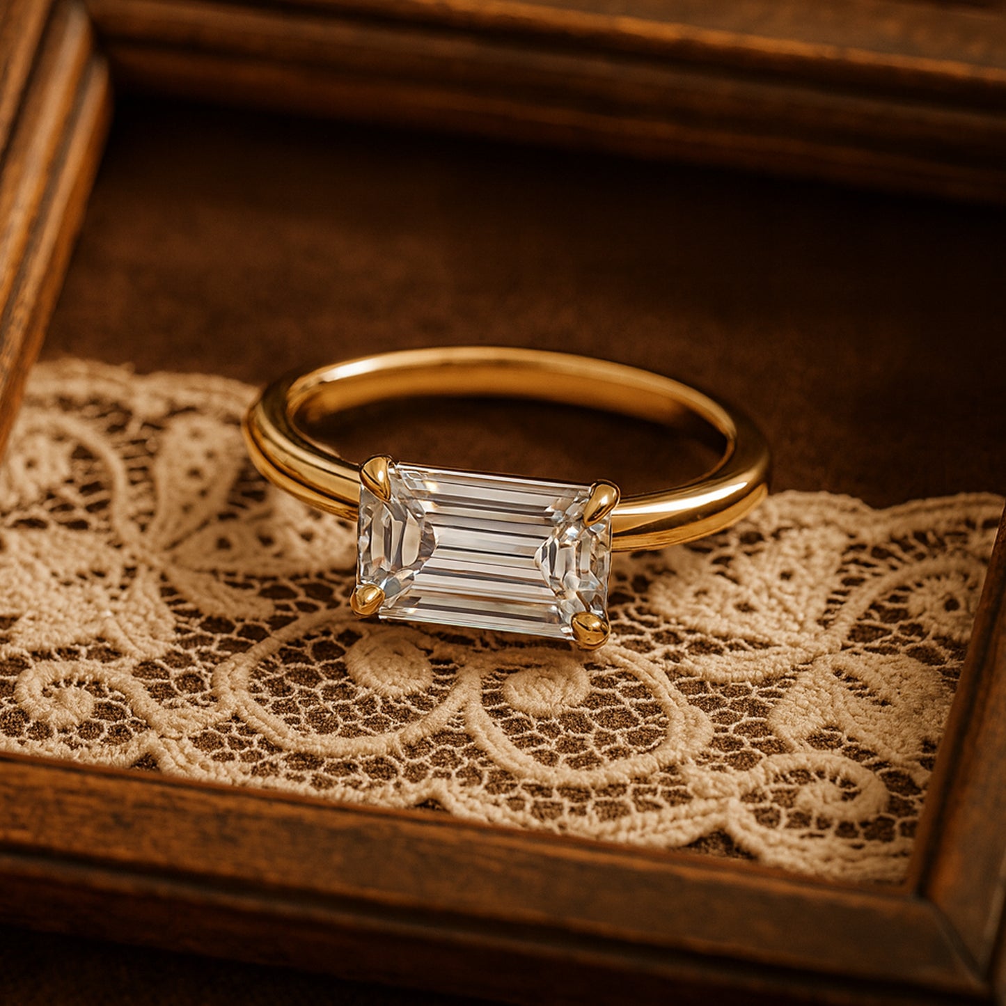Horizontal Emerald Cut Diamond Ring in 18K Gold – Minimalist Modern Engagement Design for Women