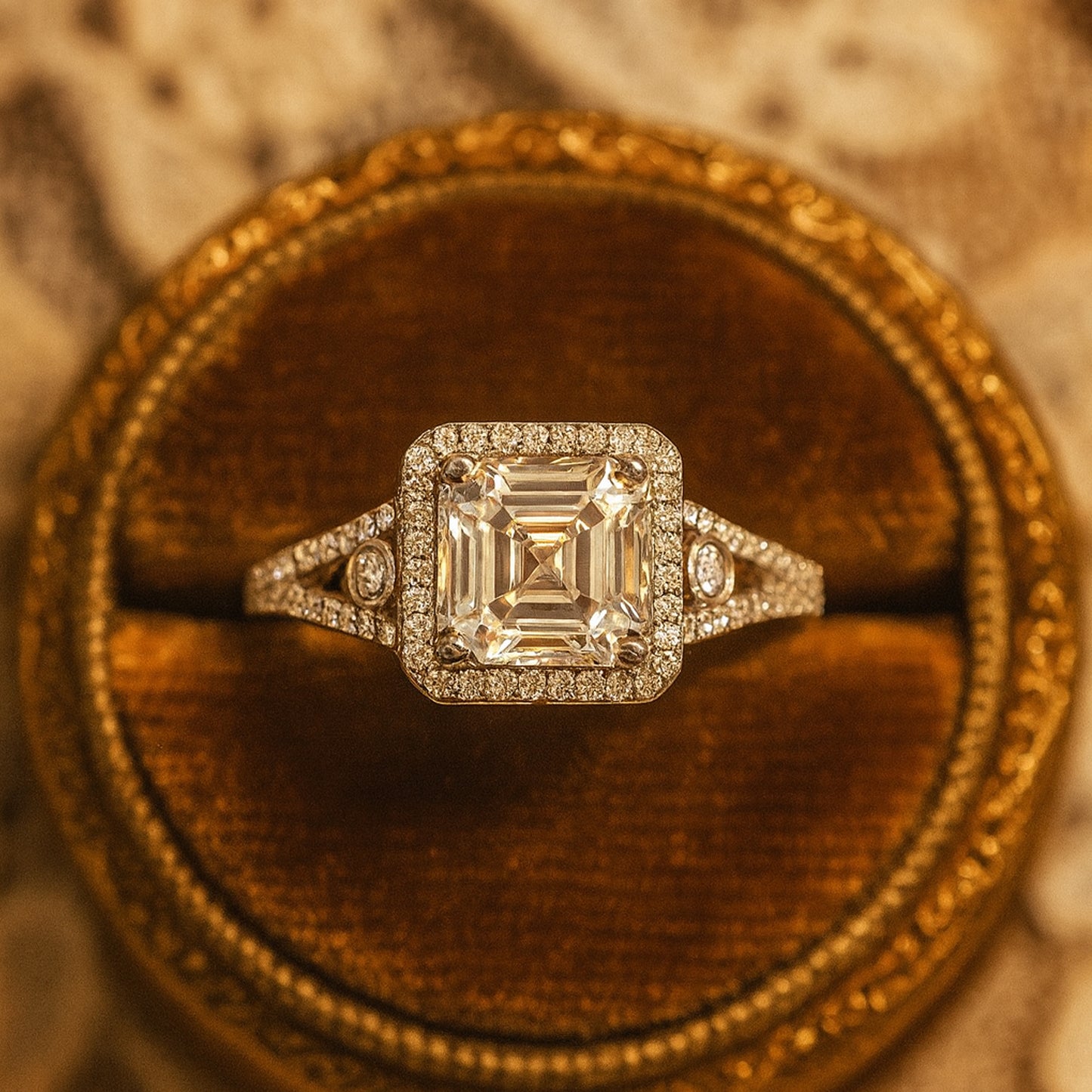 Asscher Cut Halo Moissanite Ring With Timeless Diamond-Like Shine, Ideal Bridal Jewelry For Modern Brides.