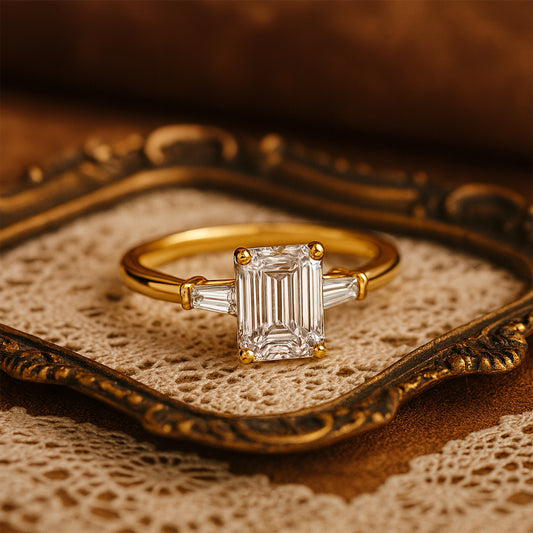 Classic Emerald Cut Diamond Engagement Ring With Tapered Baguettes - Art Deco Design"