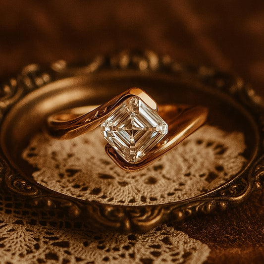 Elegant Asscher Cut Moissanite Ring With Contemporary Twisted Band Capturing Diamond-Like Brilliance In A Modern Wedding Ring Design.