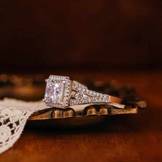 Elegant Asscher Cut Halo Moissanite Ring Featuring Diamond-Inspired Brilliance, Perfect Luxury Engagement Jewelry.