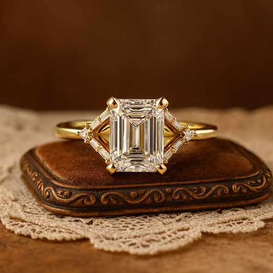 Elegant Emerald Cut Moissanite Ring Featuring Baguette Side Stones For A Timeless Diamond Alternative Look