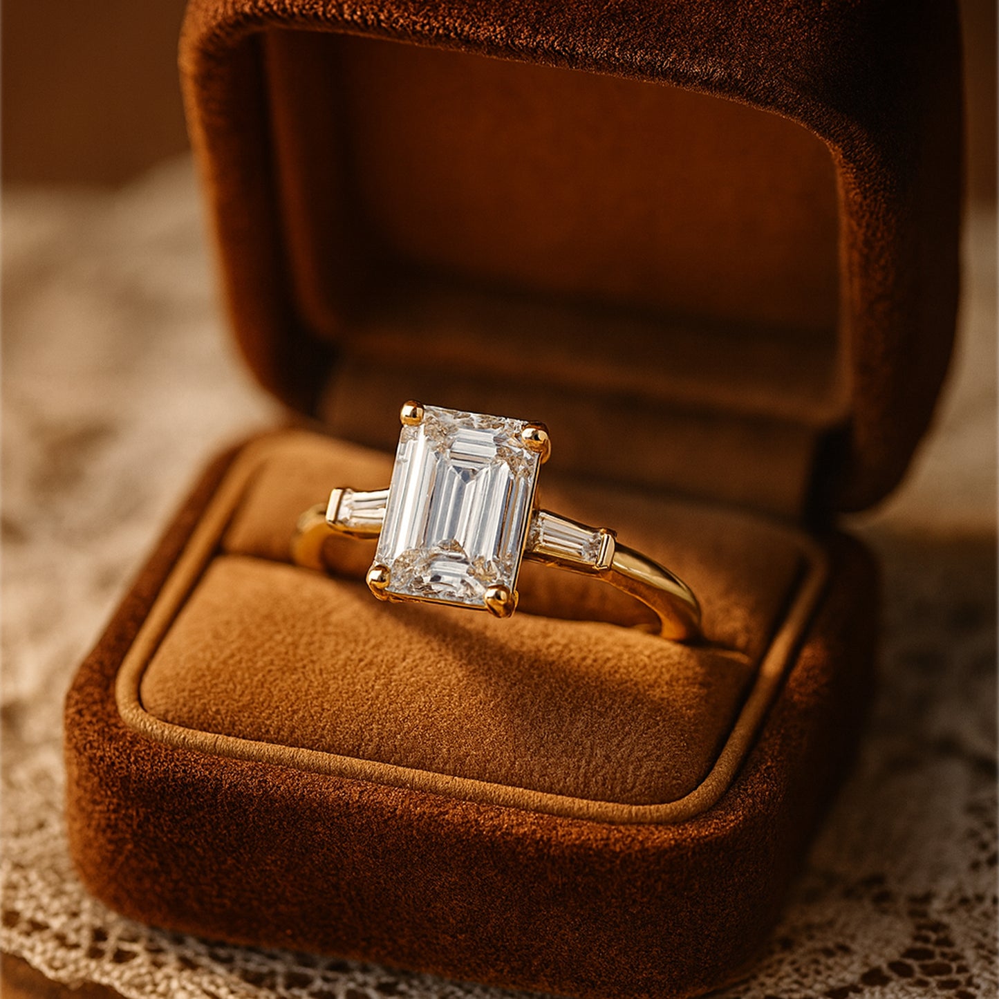Art Deco Emerald Cut Diamond Ring In Yellow Gold - Vintage Inspired Engagement Design