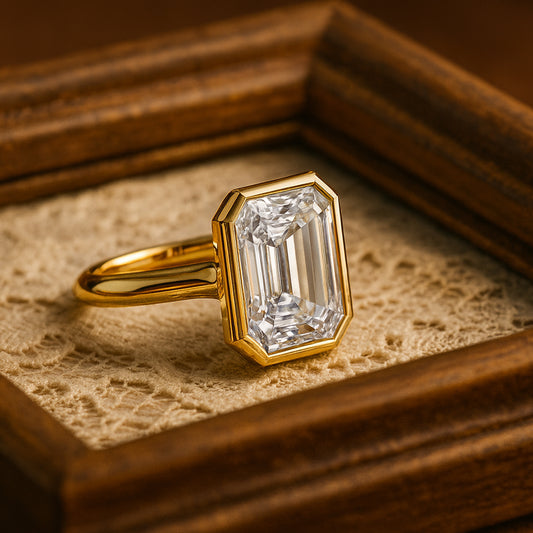 Close Up Of Emerald Cut White Diamond Ring With Yellow Gold Band And Classic Bezel Setting.