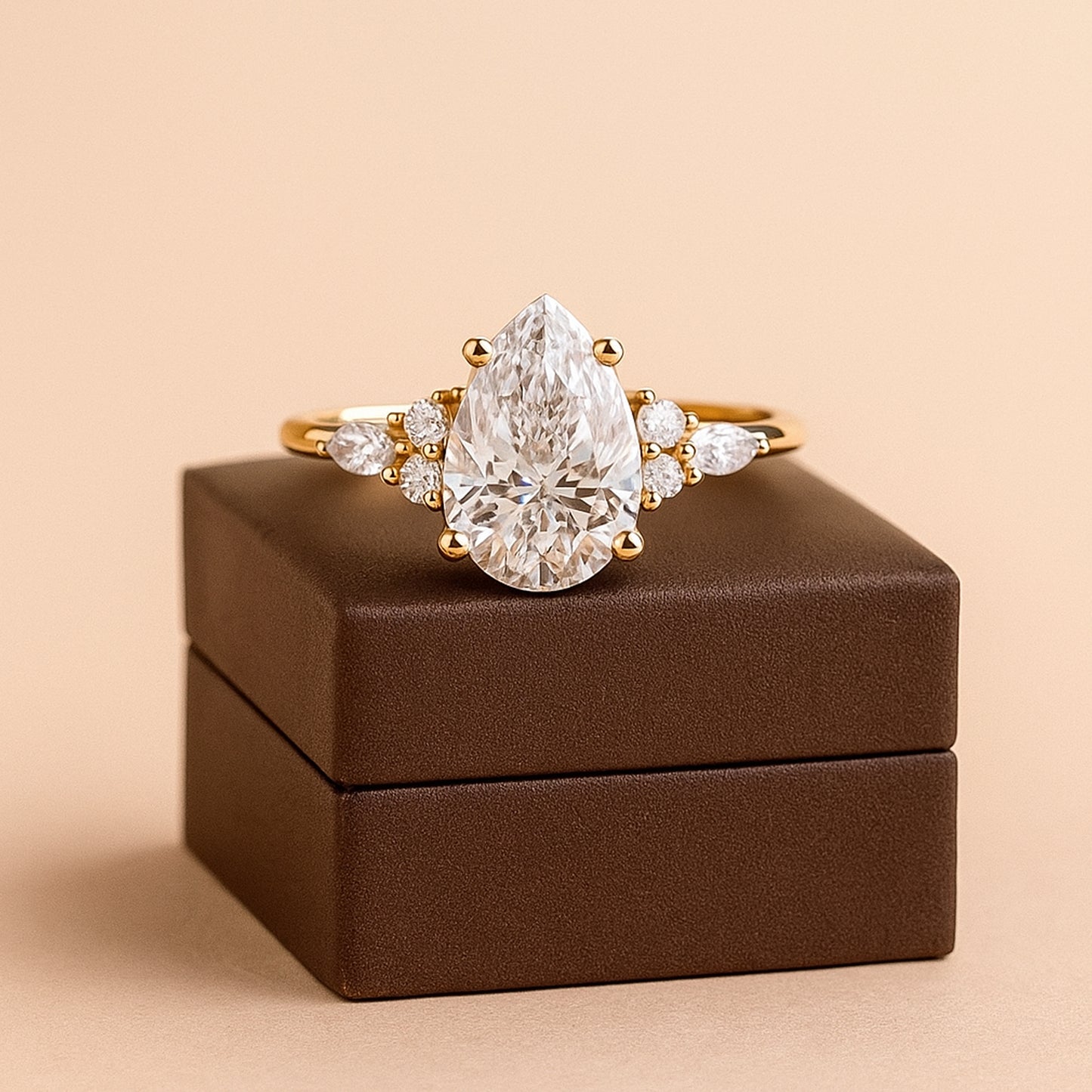 Yellow Gold Teardrop Moissanite Ring, Women's Engagement Proposal Jewelry For Brides With Classic Setting