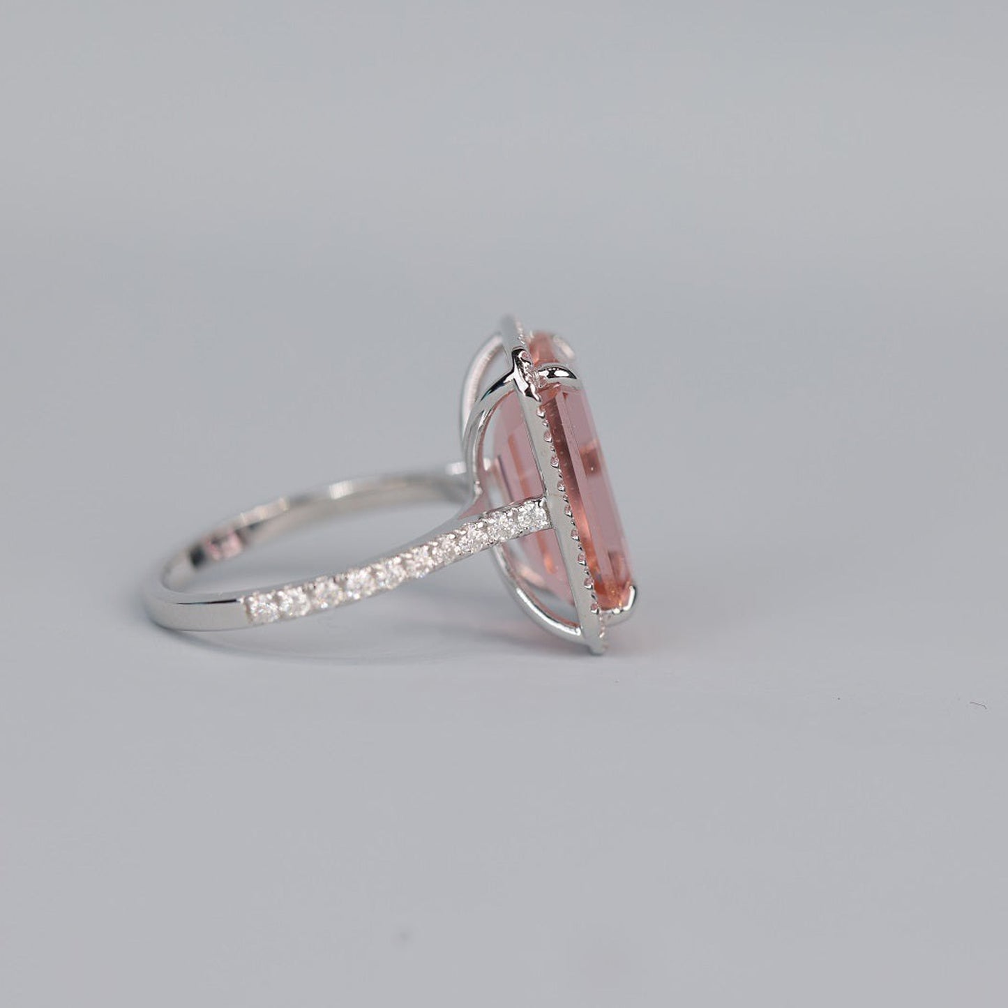 Engagement Morganite Ring, Emerald Cut Pink Moissanite Halo 14K Gold Fine Jewelry With Beauty