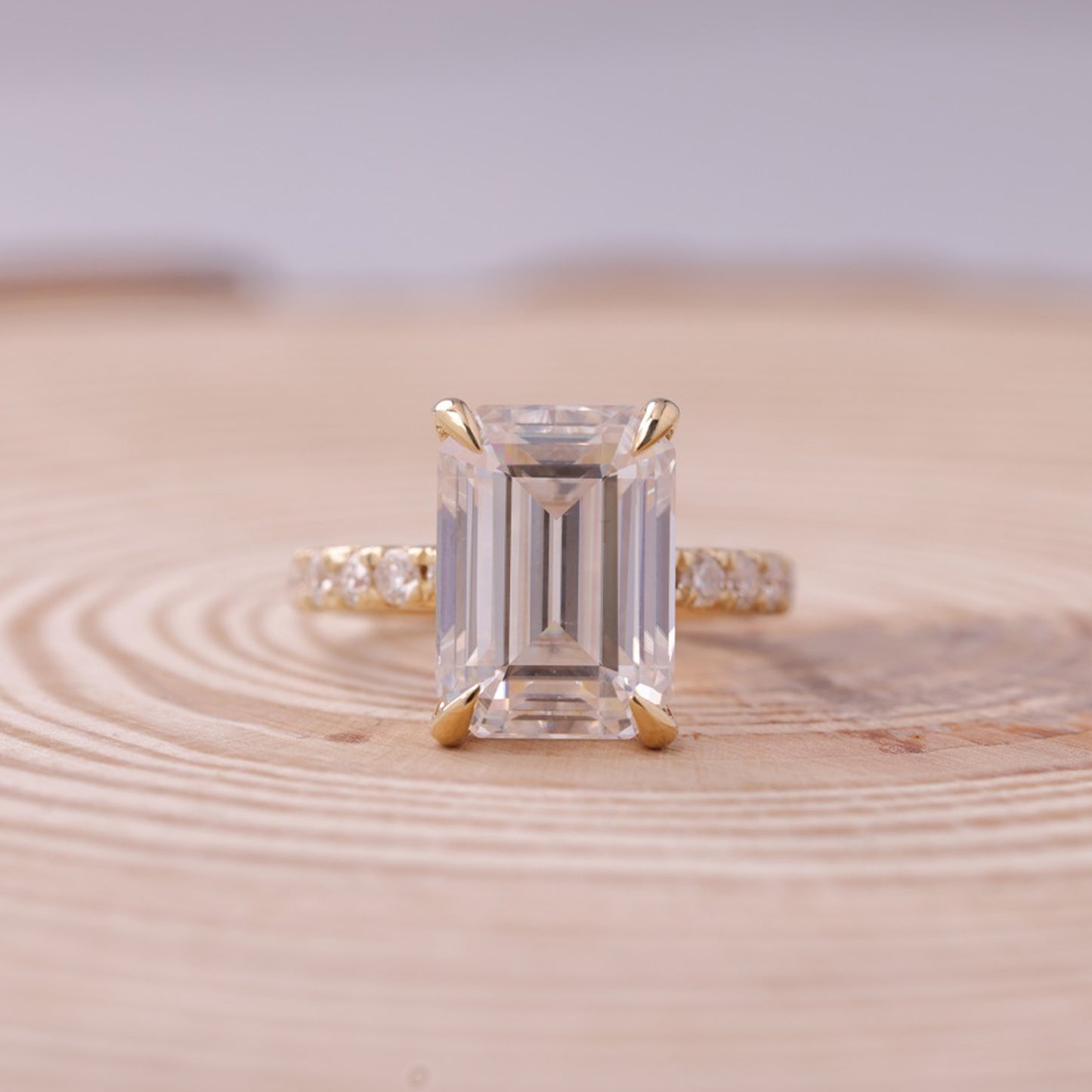 10K Gold Emerald Cut Ring, Moissanite Wedding Band With Side Stones Fine Jewelry With Brilliant Sparkle