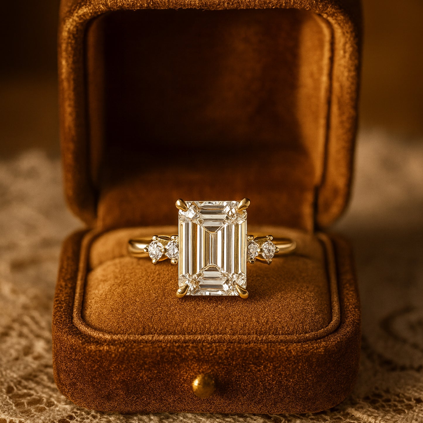 Stunning Emerald Cut Moissanite Ring With Side Stones, Combining Modern Brilliance And Vintage-Inspired Timeless Charm.