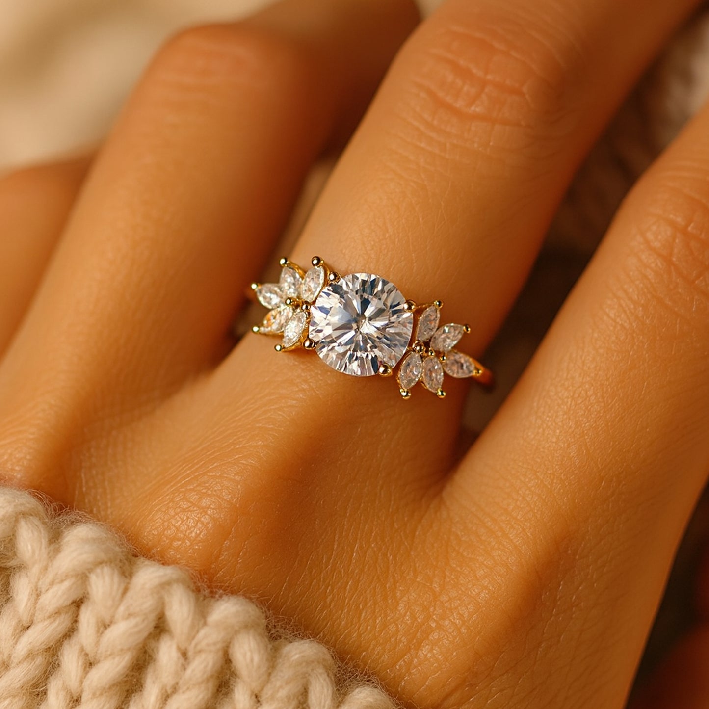 Wedding Ring Round Center Marquise Sides Band Bridal Anniversary Gift Jewelry Moissanite Engagement Proposal