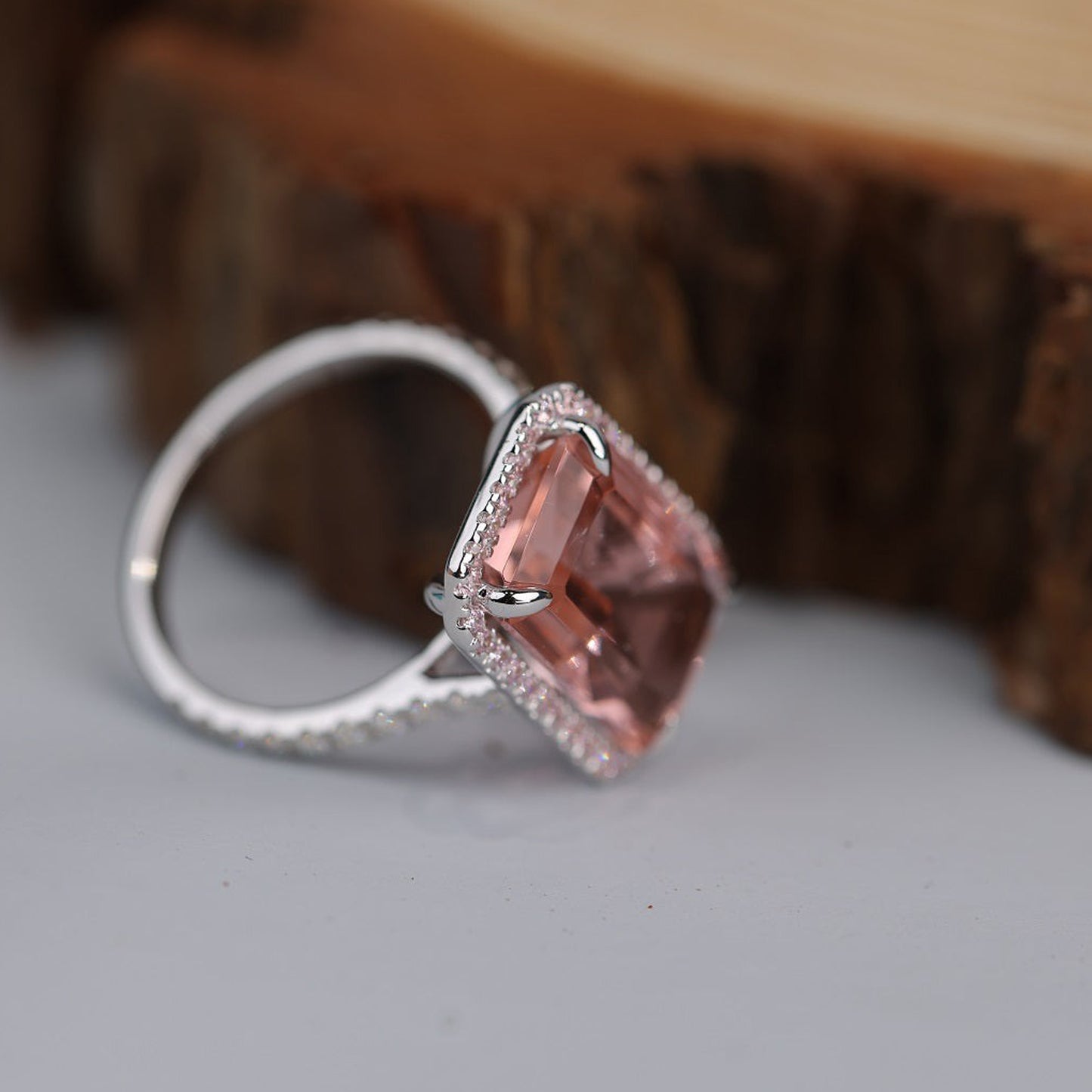 Moissanite Halo Morganite Ring, Emerald Cut Pink 14K Gold Engagement Fine Jewelry With Sparkle