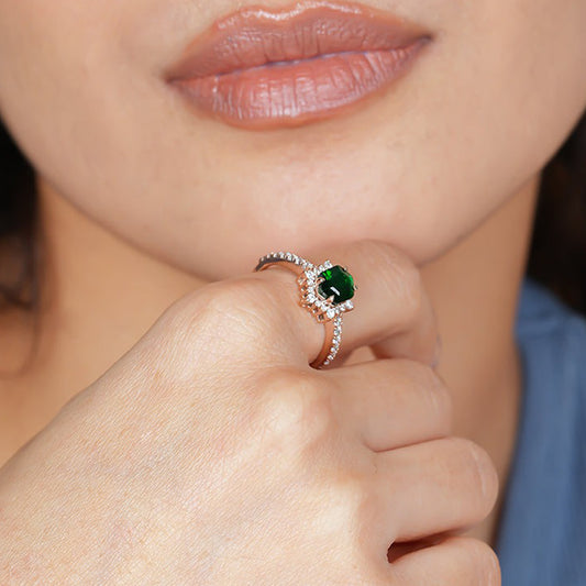 Green Stone Moissanite Ring, Rose Gold Halo Engagement Fine Jewelry With VVS1 Clarity Gems