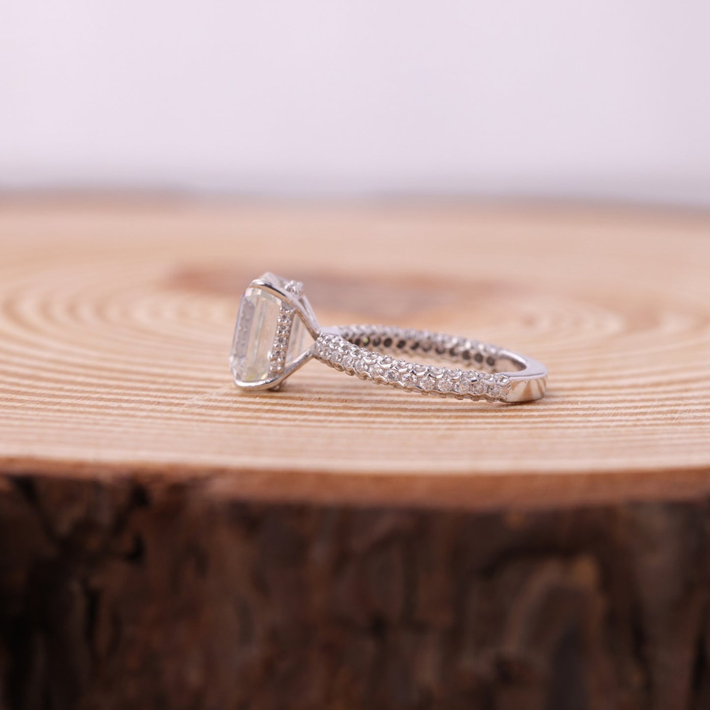 Emerald Cut Pavé Moissanite Ring, White Gold Engagement Fine Jewelry With Glamour