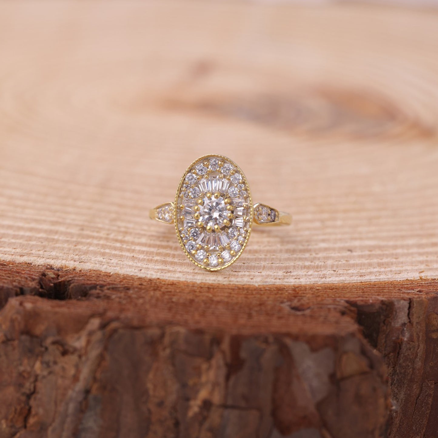 Round Cut Moissanite Ring, 1.50ct Cluster Halo Yellow Gold Engagement Fine Jewelry With Elegance