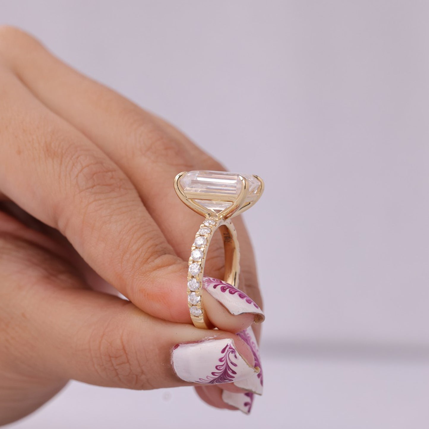 Wedding Band Emerald Cut Ring, Moissanite 10K Gold With Side Stones Fine Jewelry With Elegant Design