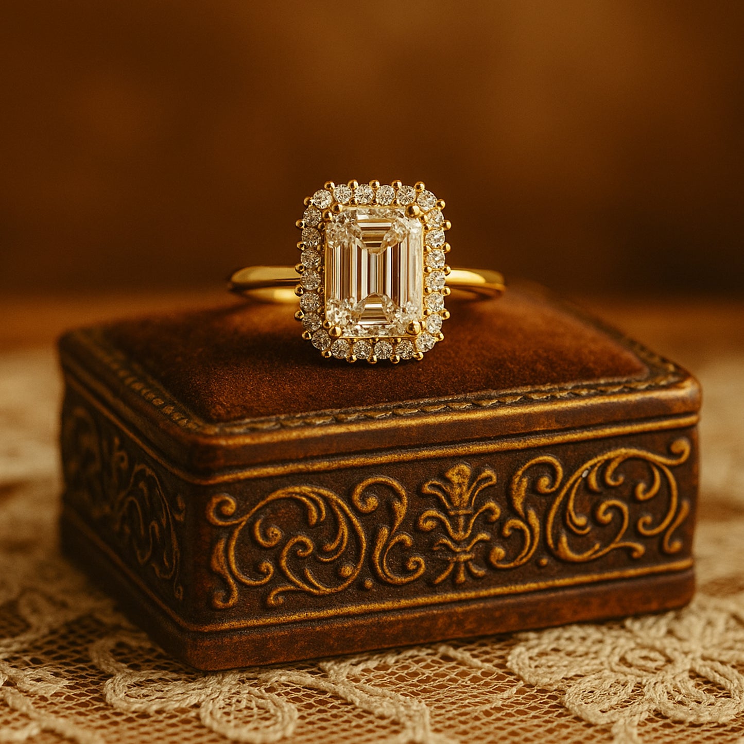 Moissanite Emerald Cut Double Halo Wedding Ring - Classic Engagement Or Cocktail Style In Gold