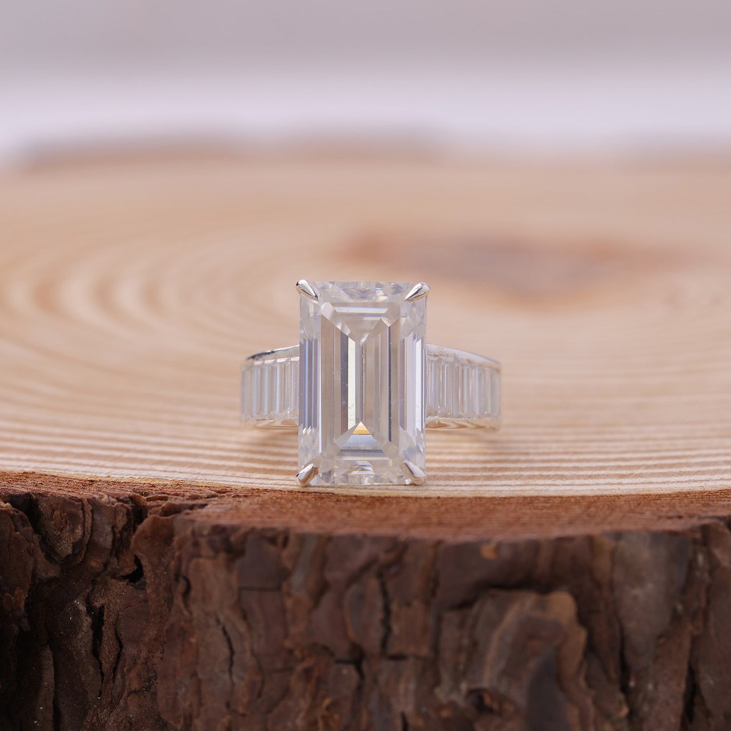 Emerald Cut Moissanite Ring, Baguette Half Eternity 14K Gold Engagement Fine Jewelry With Sparkle