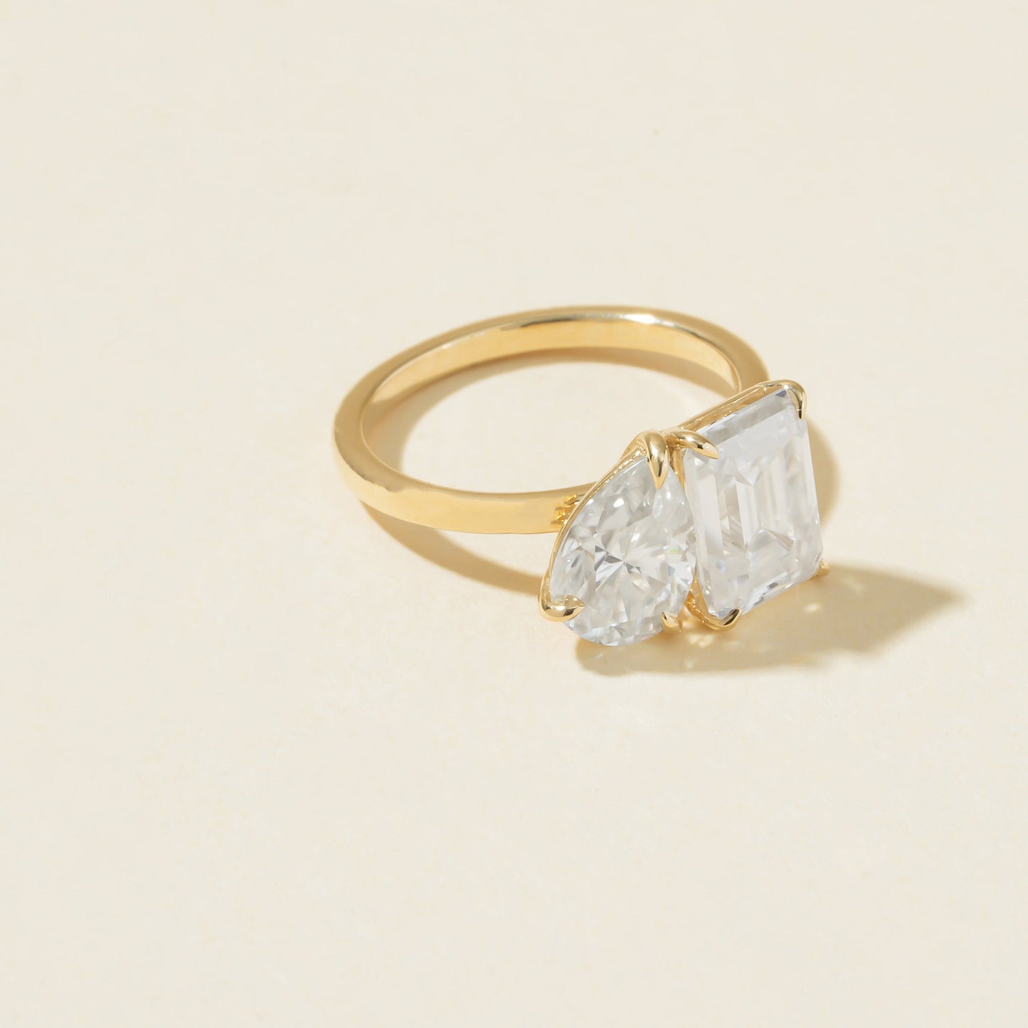 Two-Stone Moissanite Ring, Toi Et Moi Pear & Emerald 10K Yellow Gold Engagement Fine Jewelry