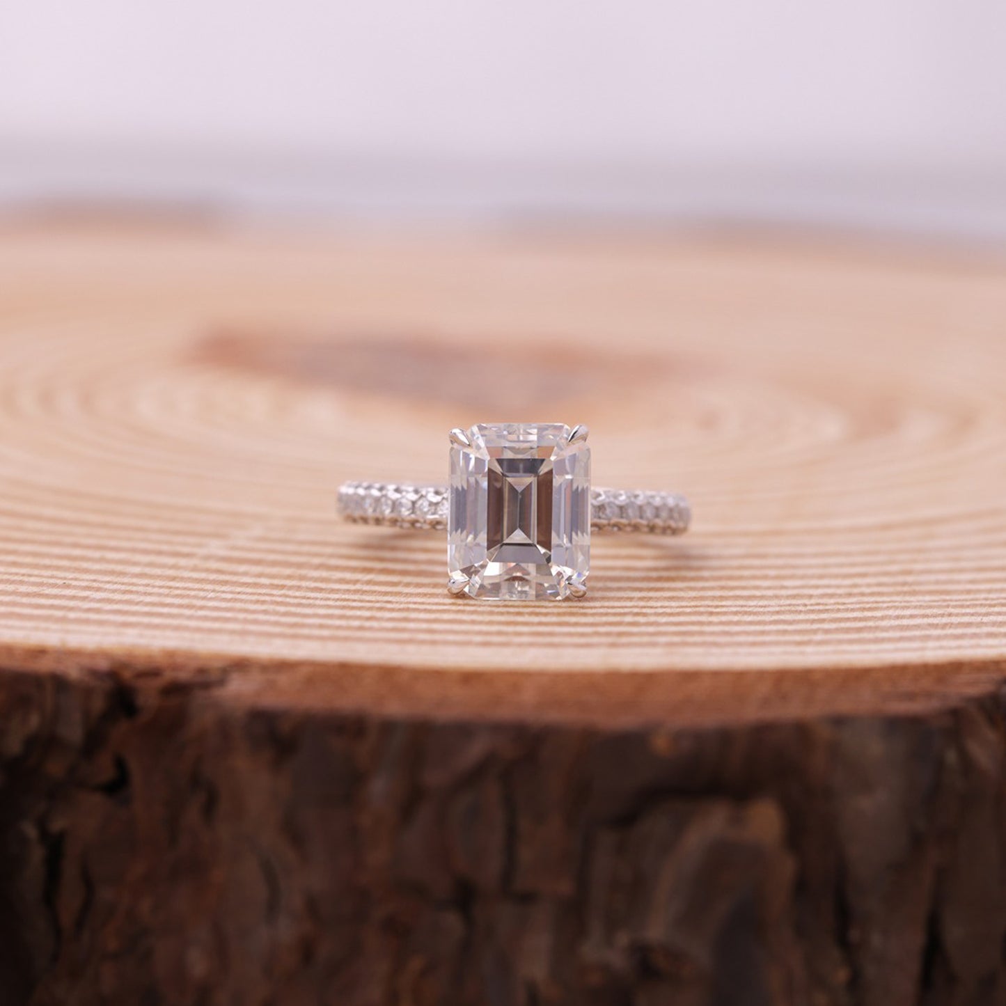 Engagement Emerald Cut Ring, Moissanite Pavé Band White Gold Fine Jewelry With Romance