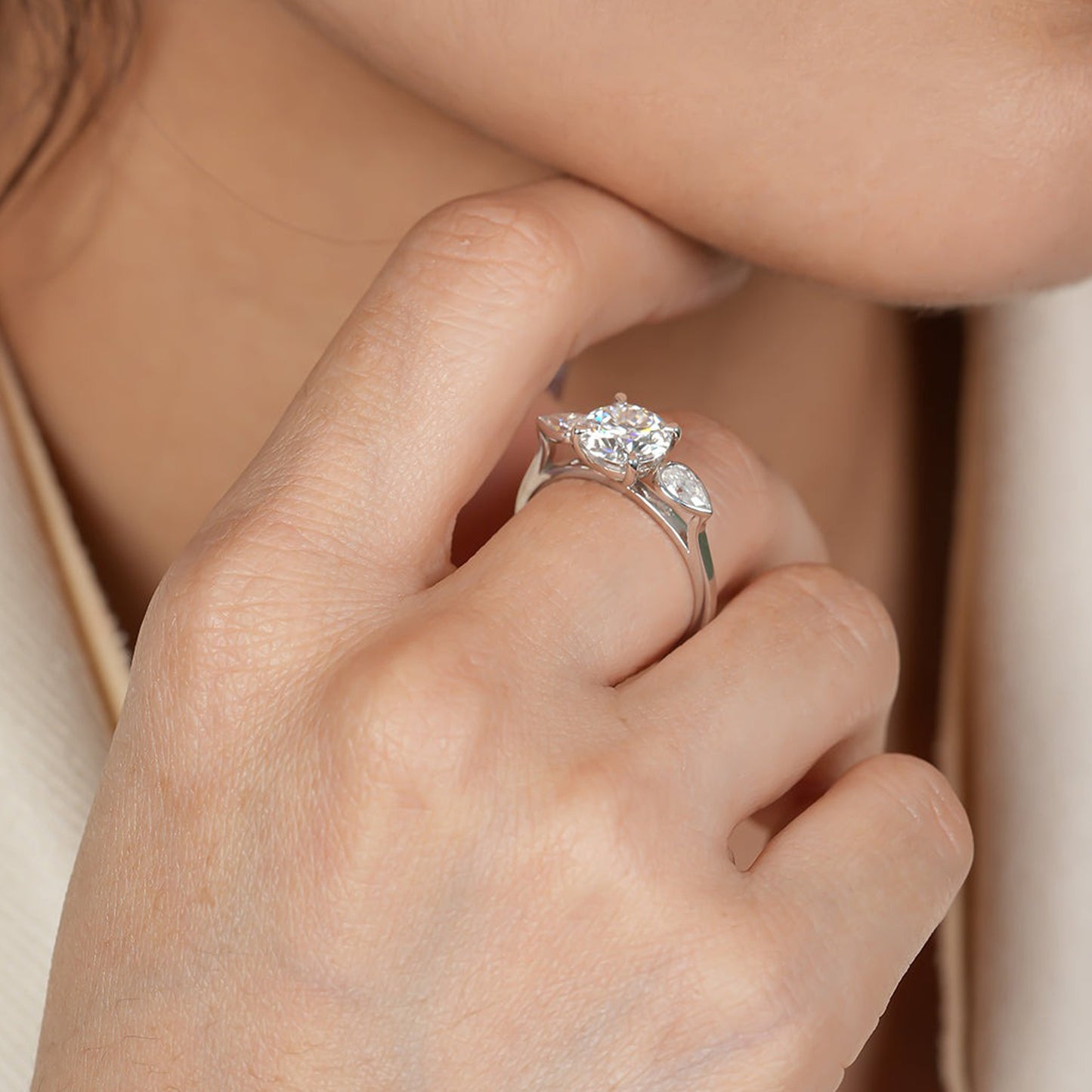 Round Moissanite Ring, 2ct Pear Side Stones Engagement Fine Jewelry With Sparkle