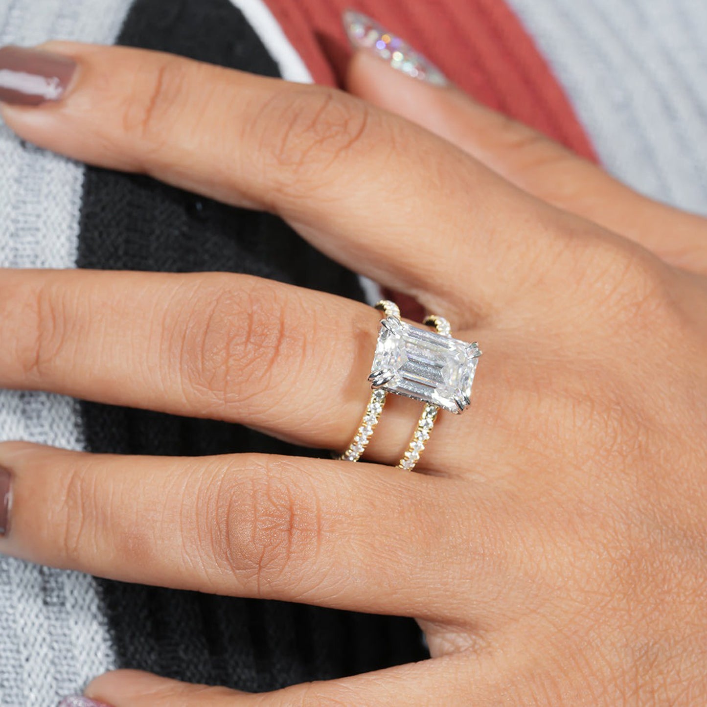 Emerald Cut Double Band Moissanite Ring, Yellow Gold Engagement Fine Jewelry With Glamour