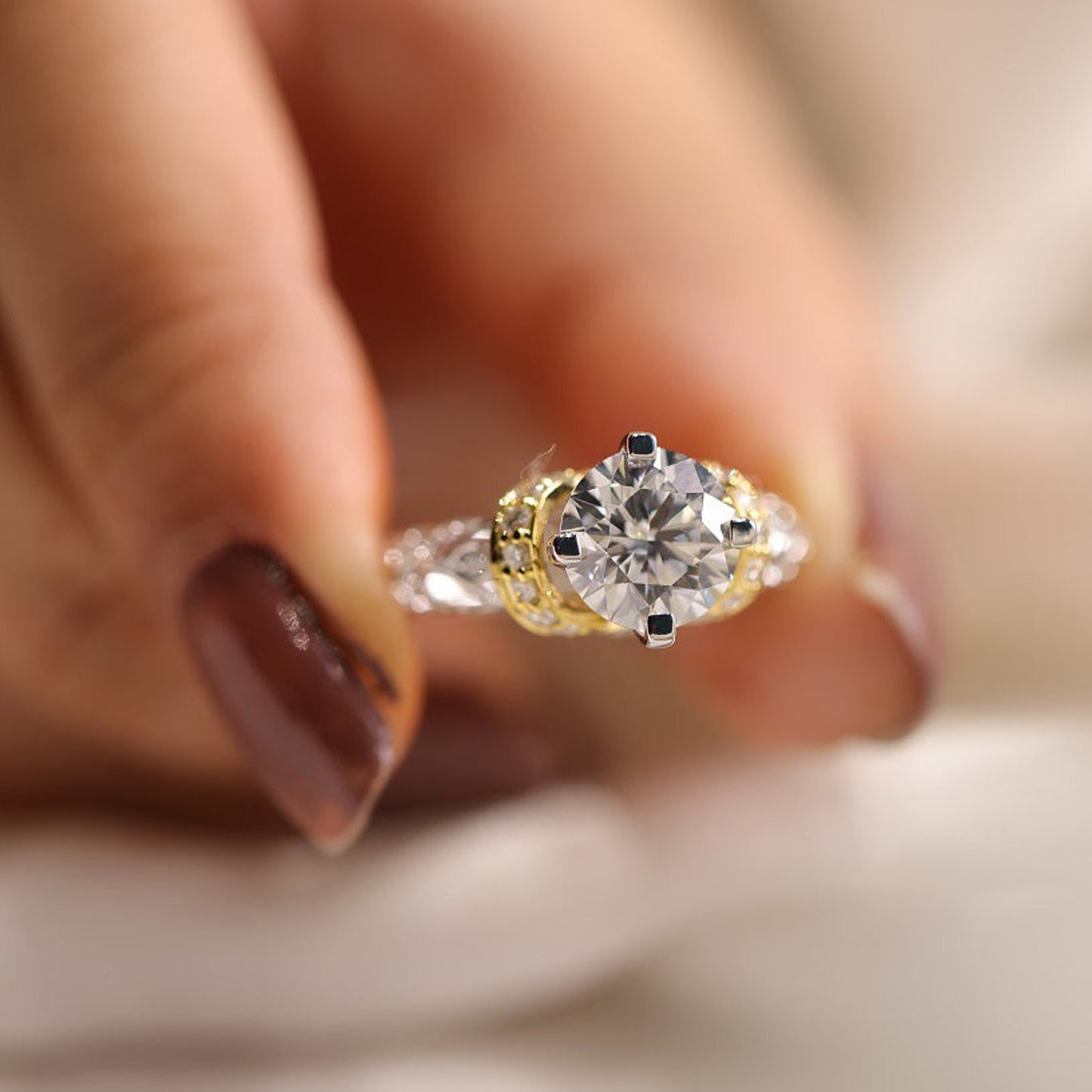 Floral Two-Tone 14K Gold Ring, August Moissanite Birthstone Engagement Fine Jewelry With Elegant Style