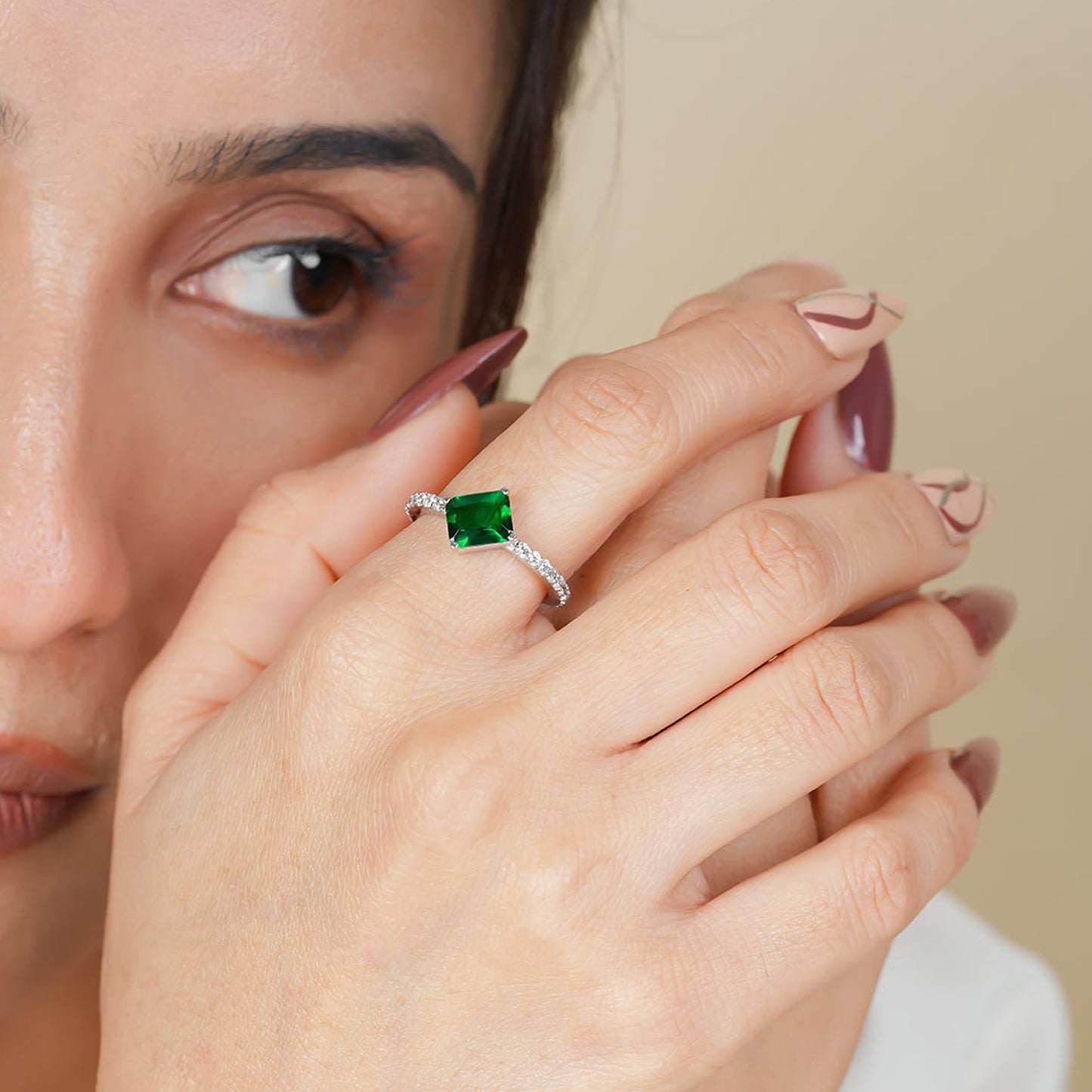 Engagement Green Gemstone Ring, Radiant Cut Moissanite Pave Band 14K Gold Fine Jewelry With Elegance