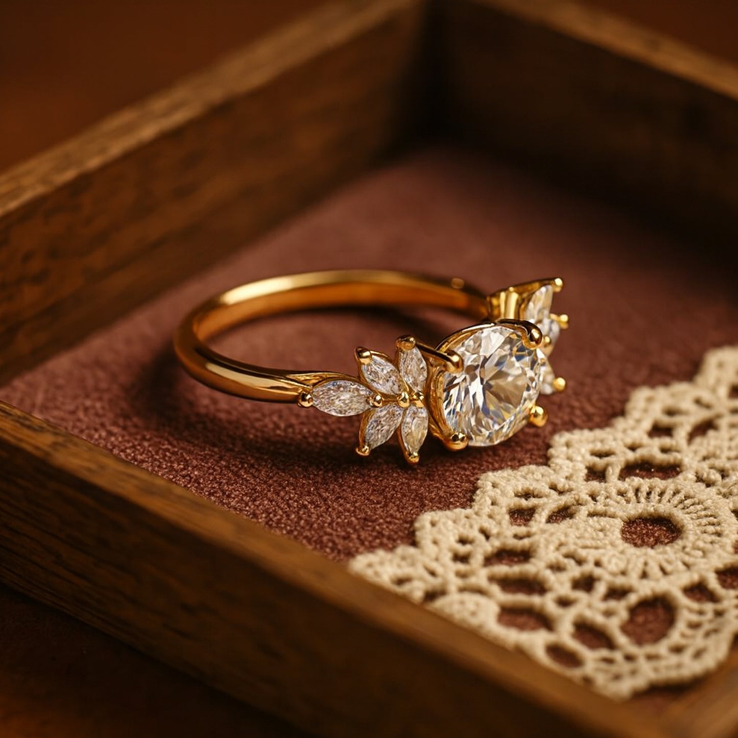 Round Moissanite Ring Marquise Side Stone Wedding Band Bridal Anniversary Jewelry Gift Engagement Gemstone
