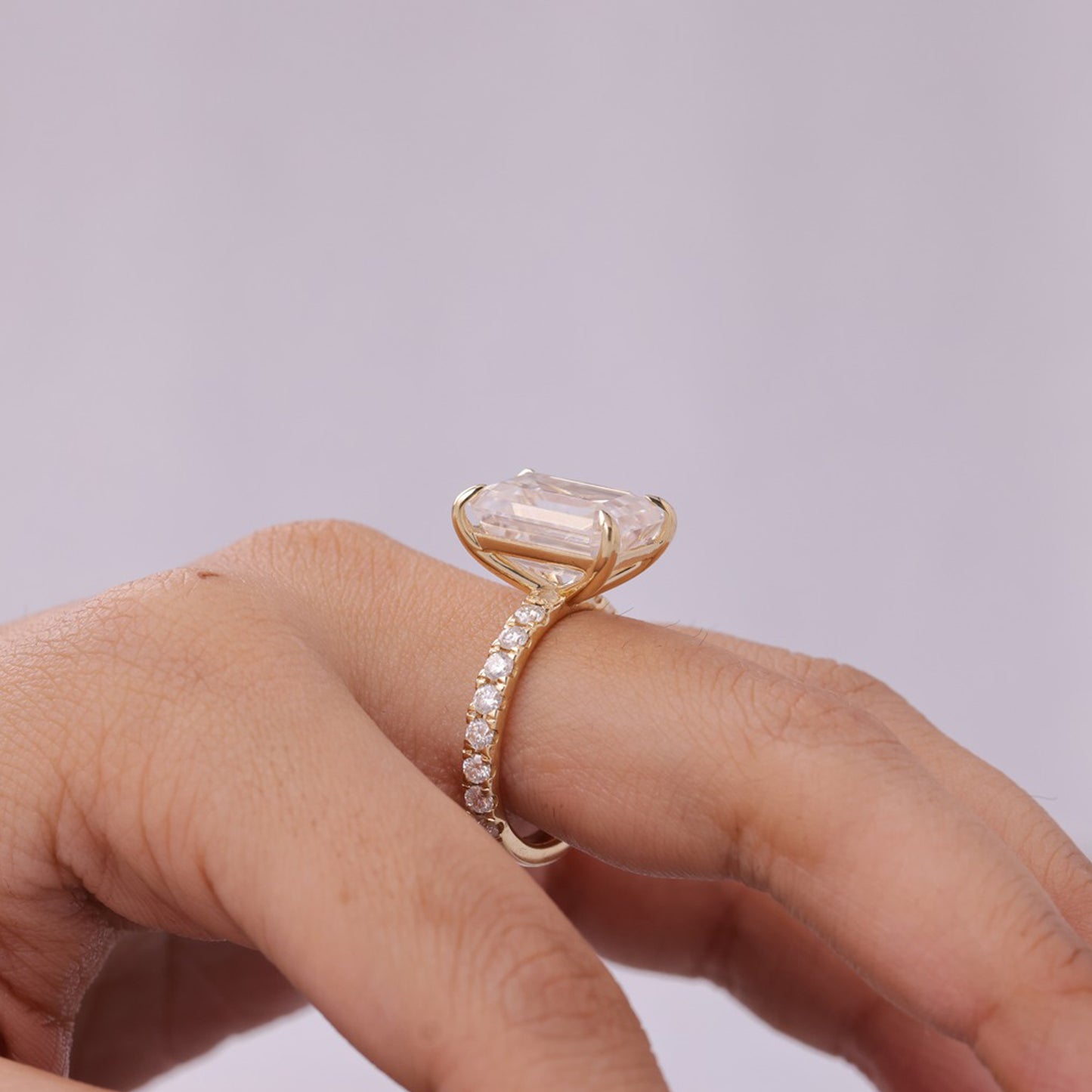 Moissanite Emerald Cut Ring, 10K Gold Wedding Band With Side Stones Fine Jewelry With Art Deco Style