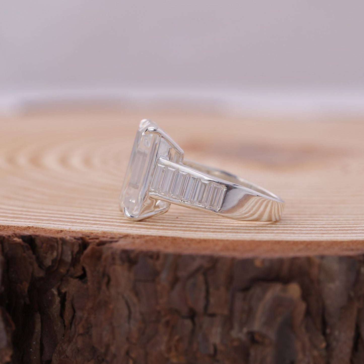 Elegant Emerald Moissanite Ring, Baguette Sides Half Eternity 14K Gold Engagement Fine Jewelry