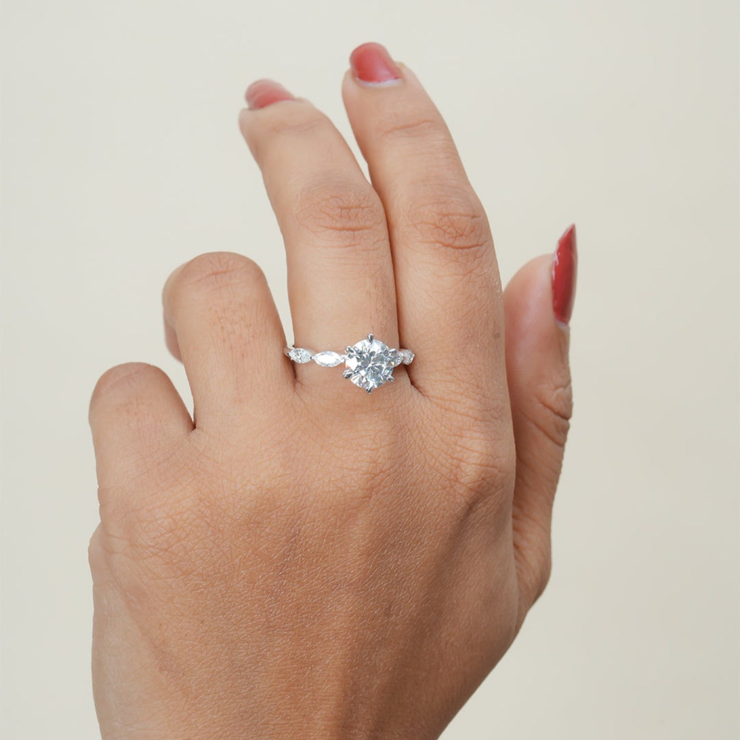 Round Moissanite Ring, 1ct With Marquise Accents White Gold Engagement Fine Jewelry With Sparkle