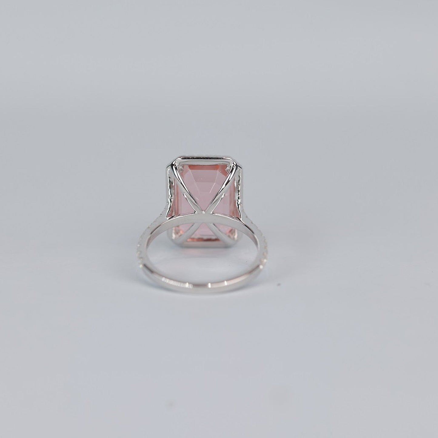 Halo Morganite Engagement Ring, Emerald Cut Pink Moissanite 14K Gold Fine Jewelry With Glamour