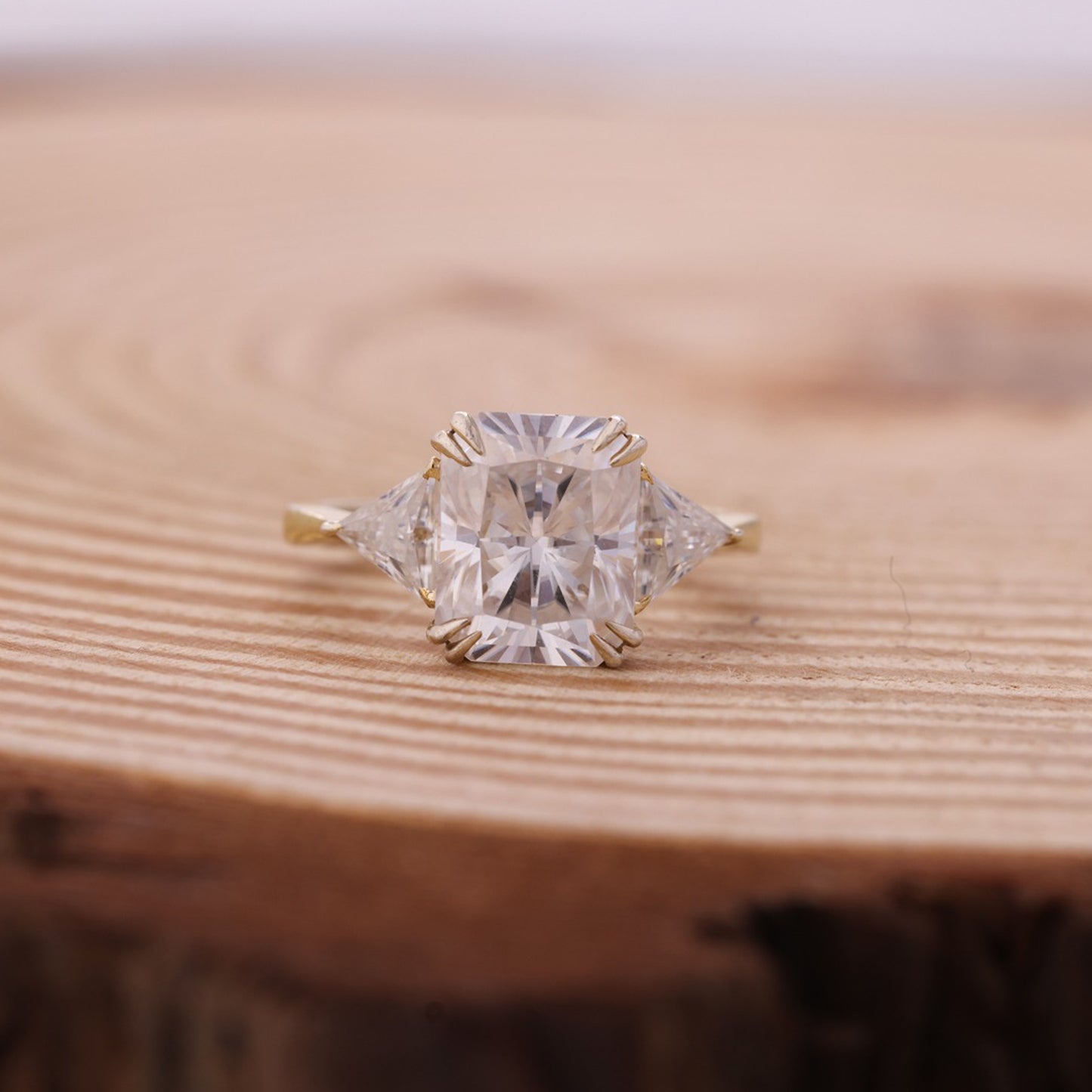 Cushion Trilogy Moissanite Ring, Three Stone Yellow Gold Engagement Fine Jewelry With Glamour