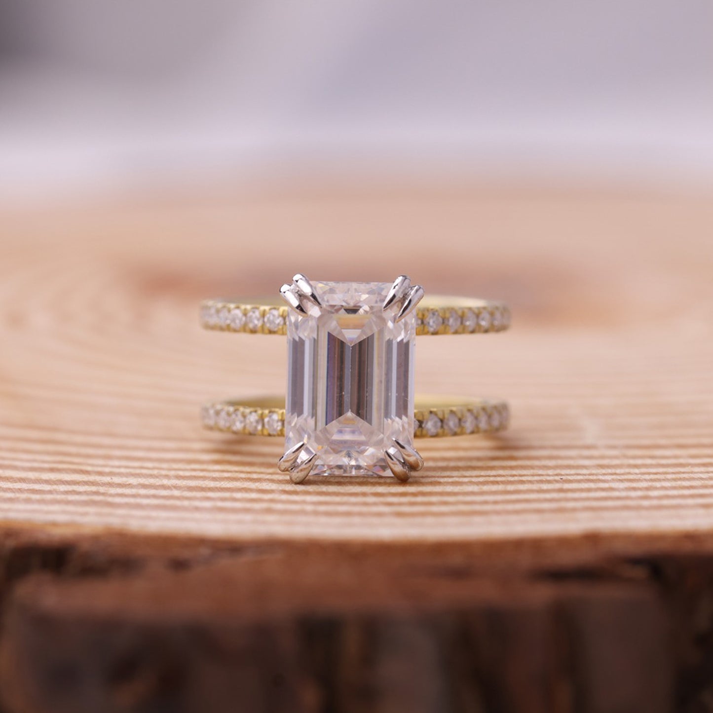 Emerald Cut Moissanite Ring, 2.50 CT Double Band Gold Engagement Fine Jewelry With Elegance