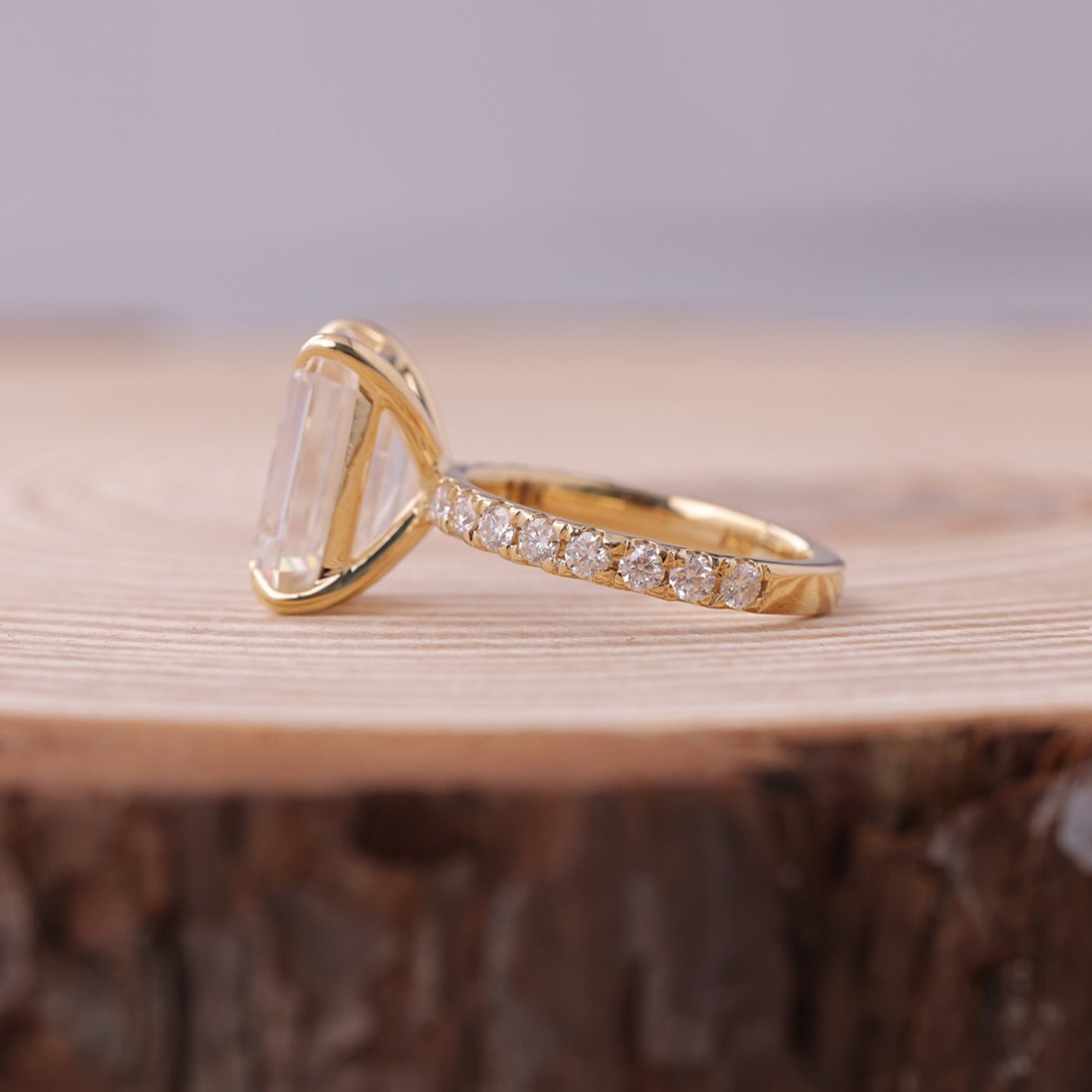 Emerald Cut Moissanite Wedding Band, 10K Gold Ring With Side Stones Fine Jewelry With Timeless Elegance