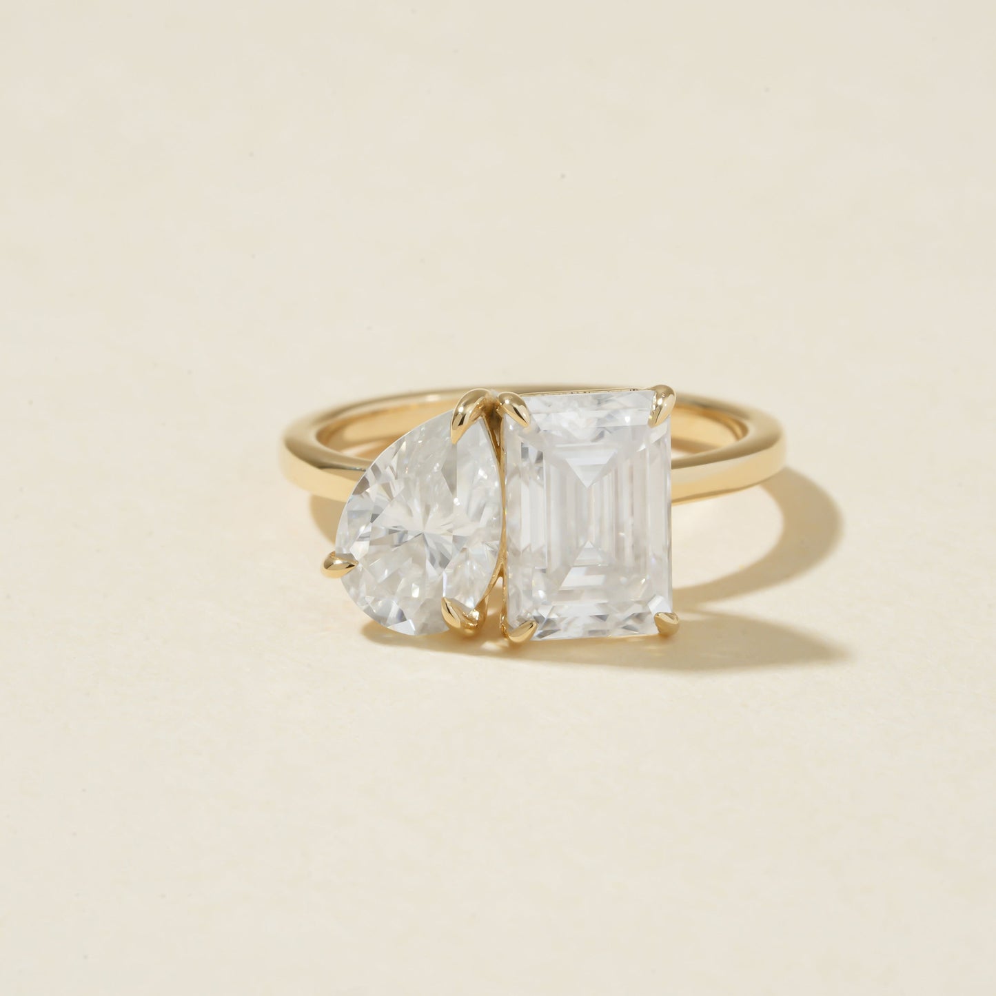Engagement Toi Et Moi Ring, Pear & Emerald Cut Moissanite 10K Yellow Gold Fine Jewelry