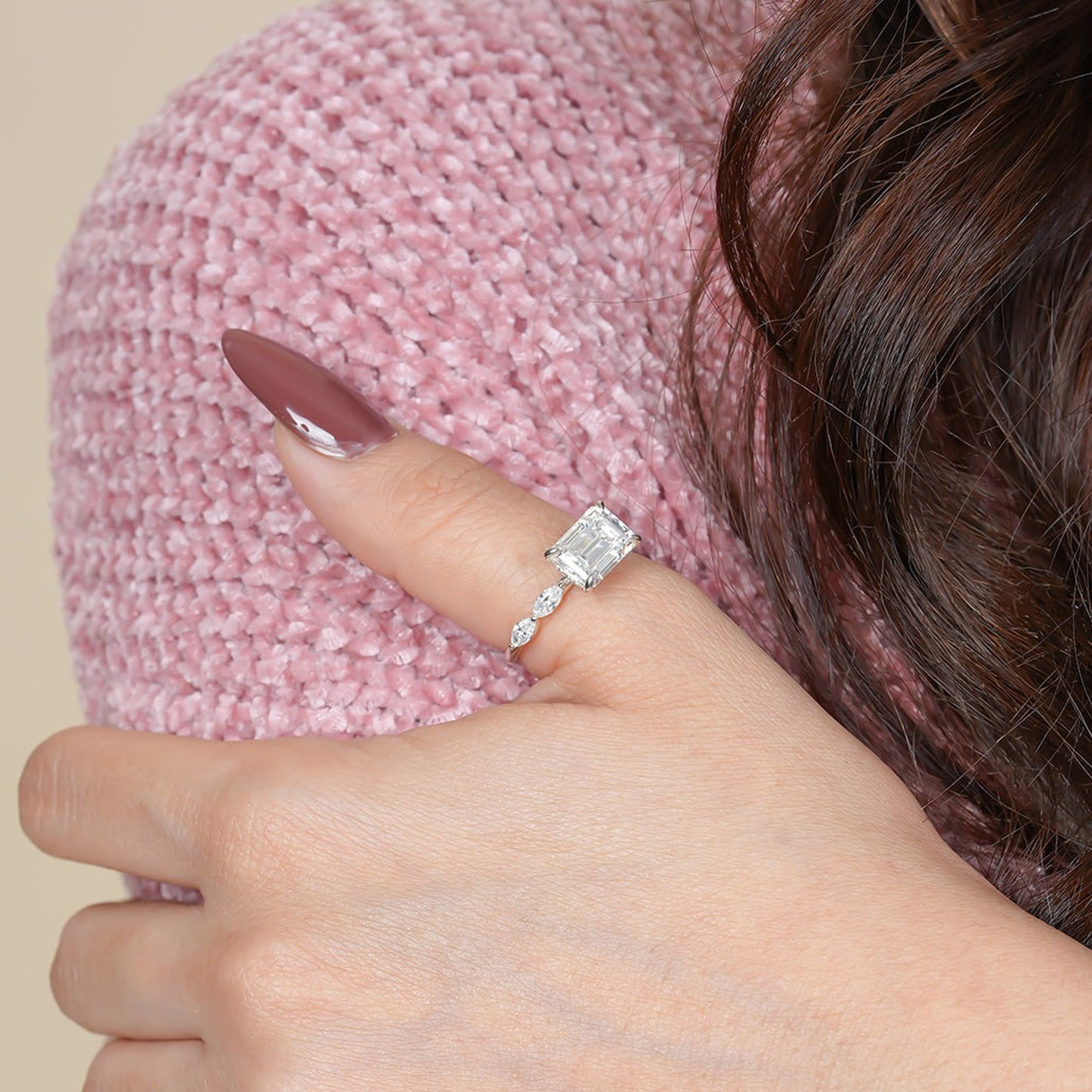 Moissanite Emerald Engagement Ring, Marquise Sides Fine Jewelry With Brilliance