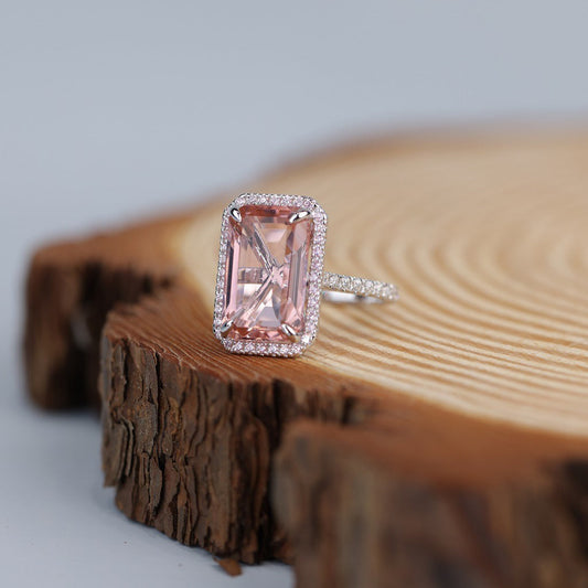 Pink Morganite Emerald Cut Ring, Moissanite Halo 14K Gold Engagement Fine Jewelry With Elegance