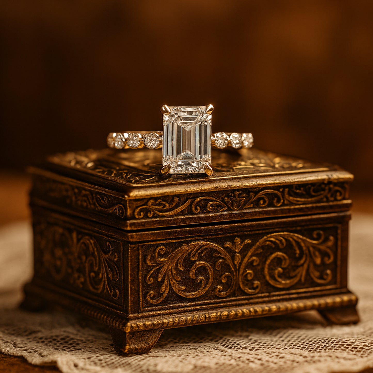 Modern Emerald Cut Moissanite Ring With Sparkling Accents, Designed For Engagements And Anniversaries