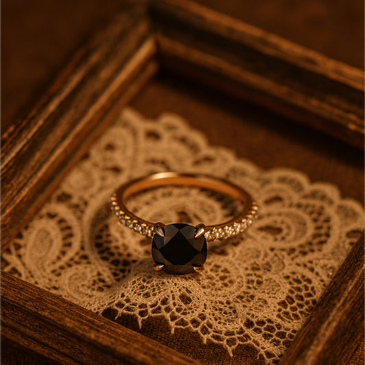 1.50 CT Black Onyx Solitaire Ring in Rose Gold with Pave Diamond Band