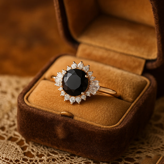 2ct Round Black Moissanite Engagement Ring With Halo Baguette And Round Diamond Accents In Gold VVS1