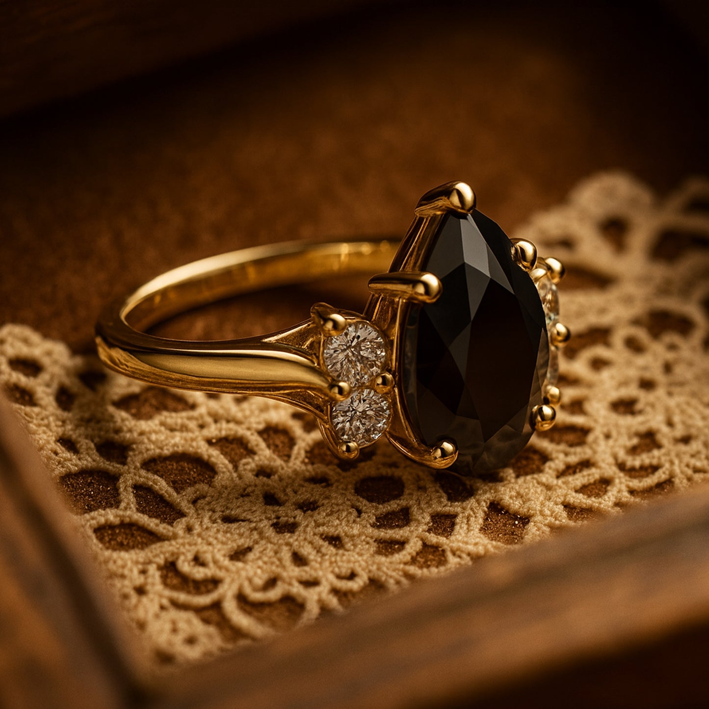 Modern Pear Cut Black Diamond Engagement Ring with White Diamonds