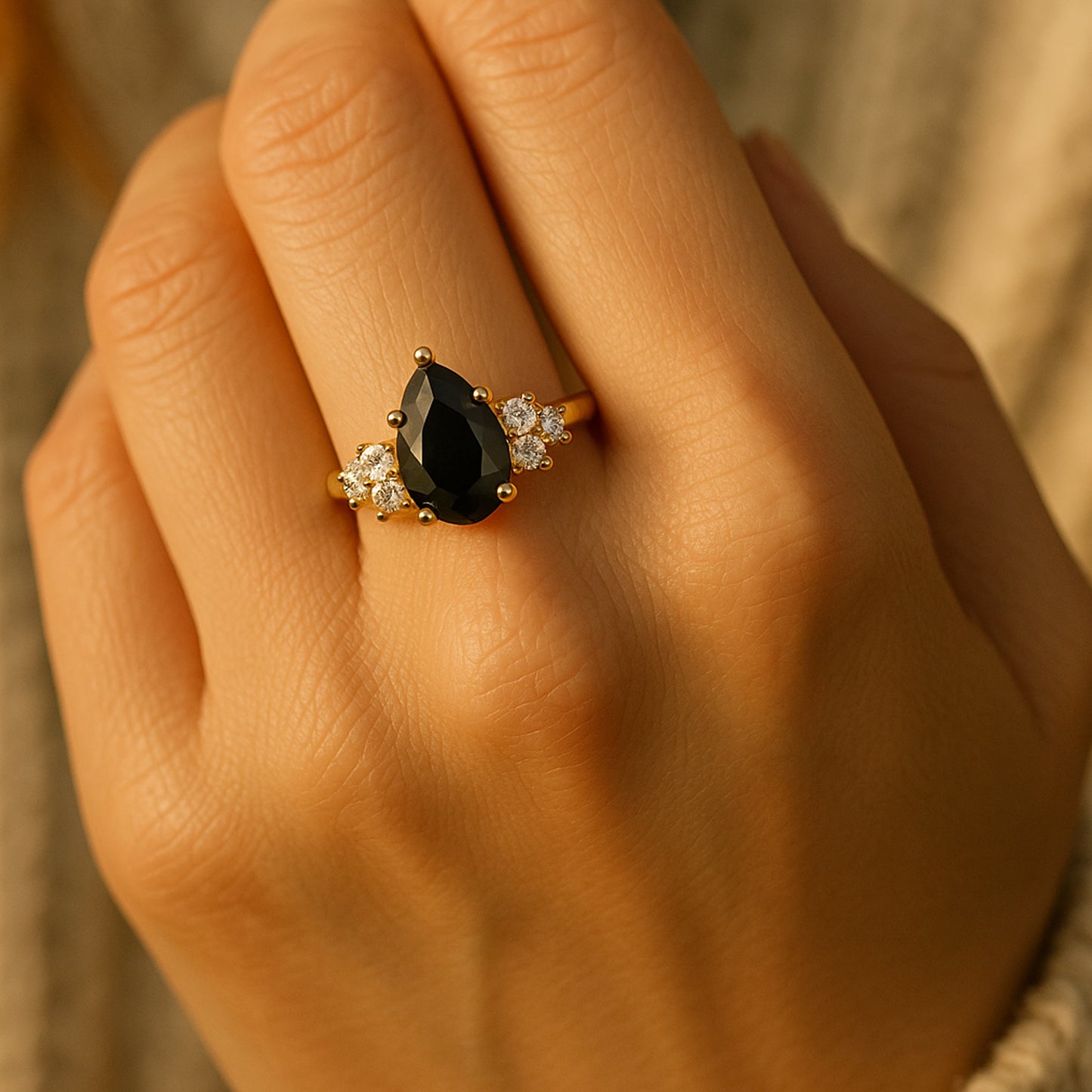 Modern Pear Cut Black Diamond Engagement Ring with White Diamonds