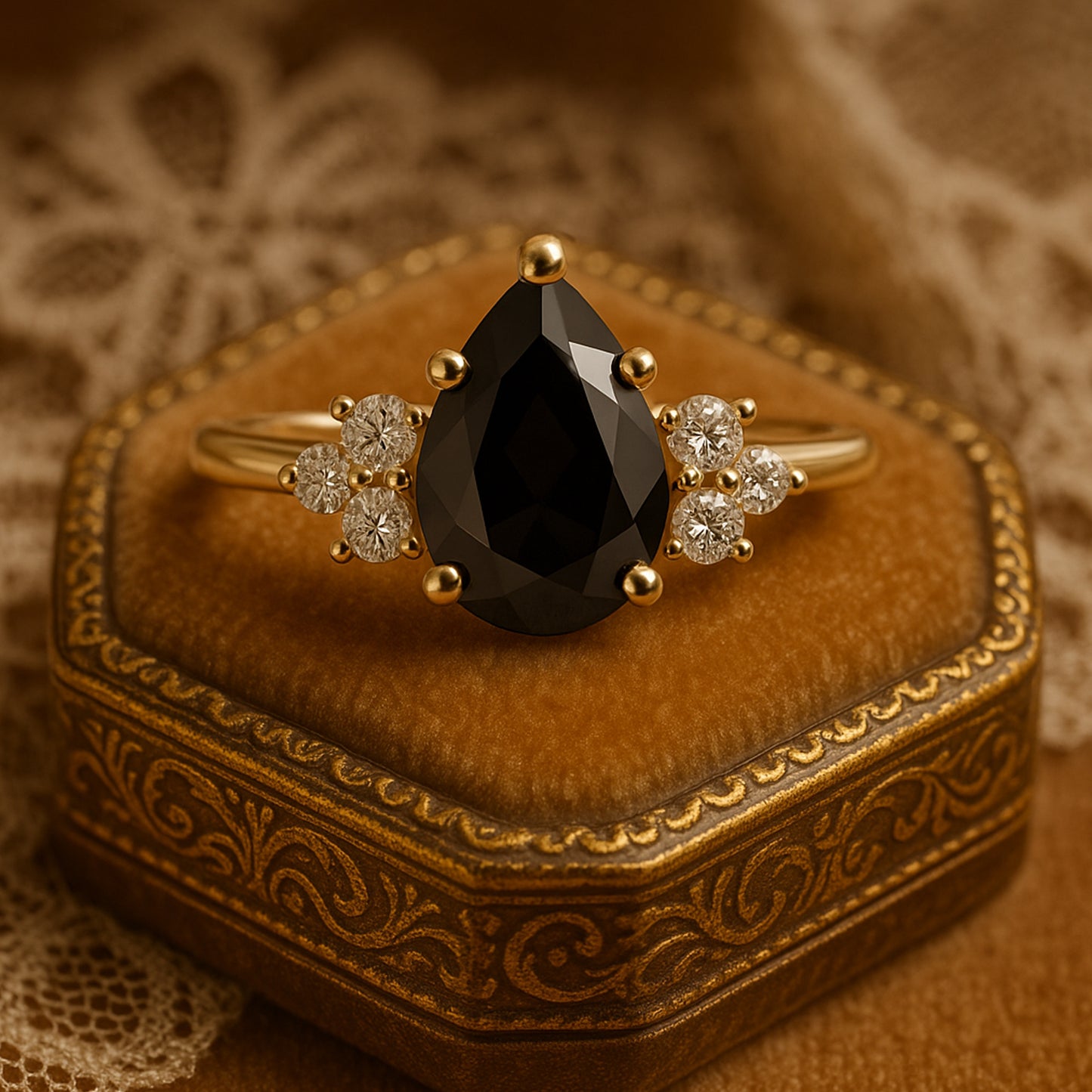 Modern Pear Cut Black Diamond Engagement Ring with White Diamonds